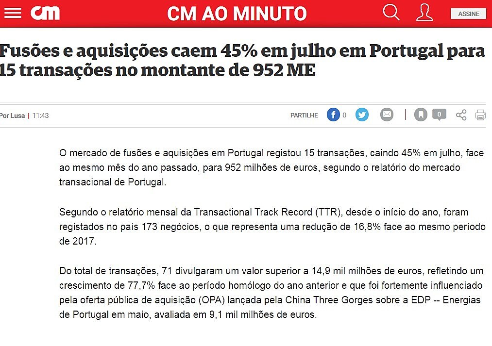 Fuses e aquisies caem 45% em julho em Portugal para 15 transaes no montante de 952 ME